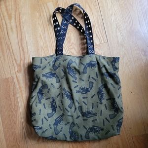 vintage y2k Betsey Johnson army green thick canvas punk weapon print tote